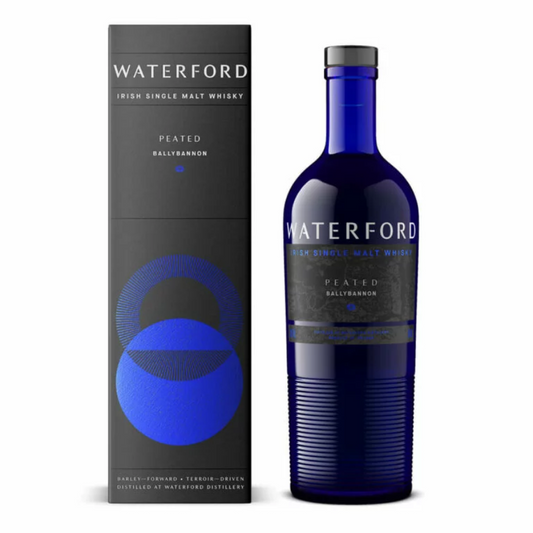 Waterford Peated Ballybannon 1.1 whisky bottle with box on the white background