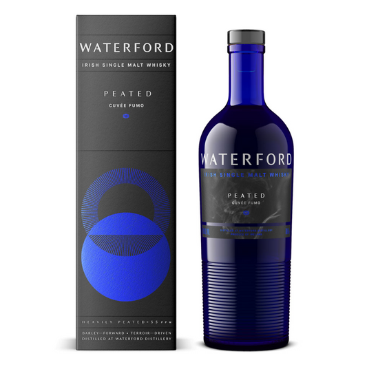 Blue Waterford Peated Cuvée Fumo Irish Single Malt Whiskey bottle and packaging on a white background