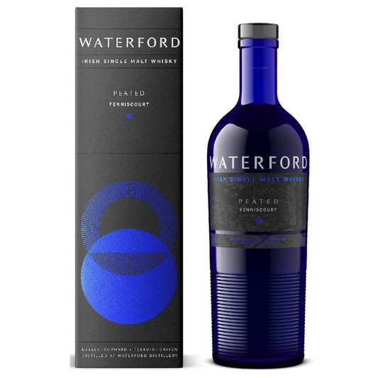 Blue Waterford Irish Single Malt Peated Fenniscourt 1.1 whisky bottle 
and packaging on a white background