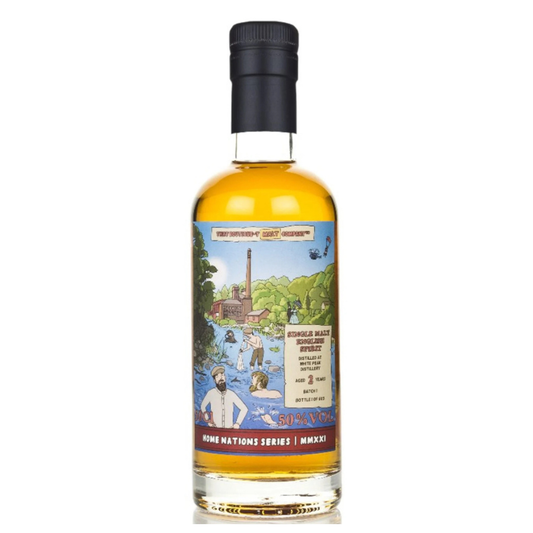 white Peak 2yo bottle of whiskey with a colorful label on a white background