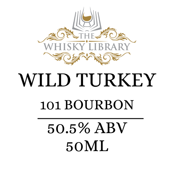 Wild Turkey 101 Label under the logo of the Whisky Library on a white background