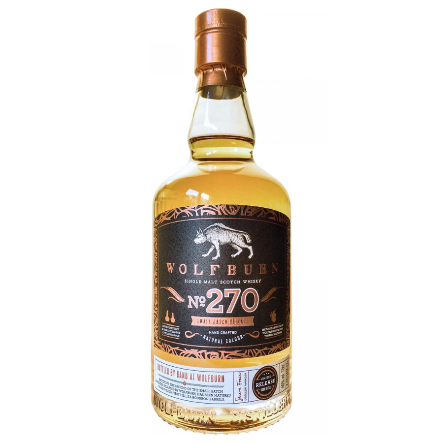 Bottle of Wolfburn whisky with a black label on a white background