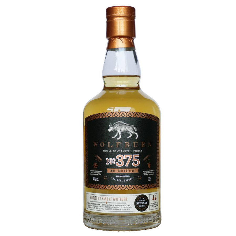 Wolfburn No. 375 single malt Scotch whisky bottle on a white background