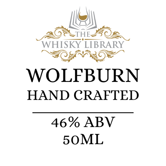 Wolfburn handcrafted whisky label with 'The Whisky Library' branding on a white background.