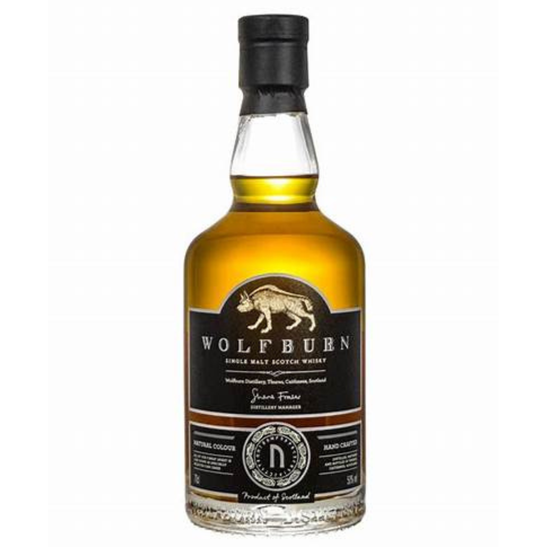 A bottle of Wolfburn Kylver Series No.2 whisky on the white background