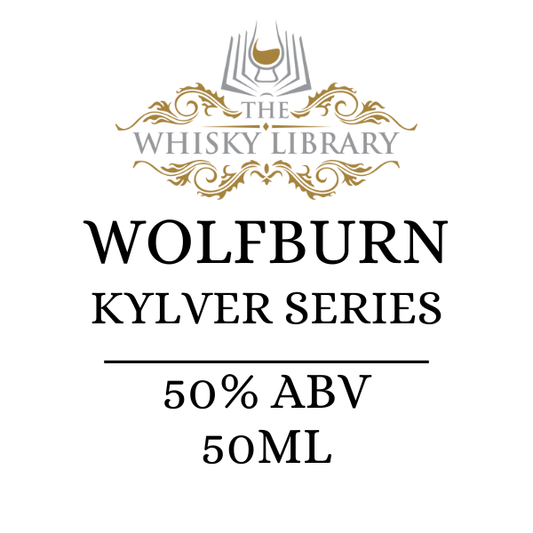 Label for Wolfburn Kylver Series whisky from The Whisky Library on a white background