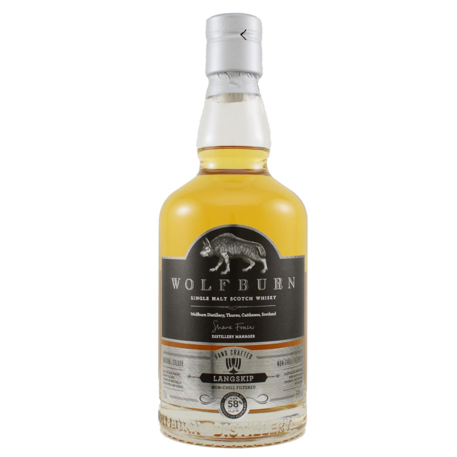 Wolfburn single malt Scotch whisky bottle on a white background