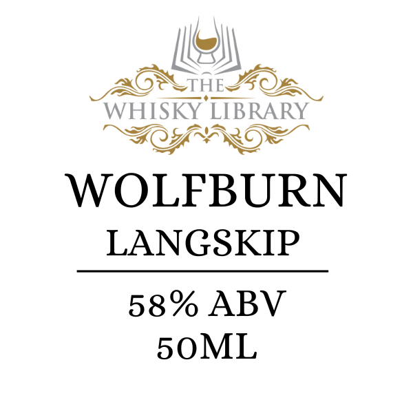 Wolfburn Langskip whisky label with 'The Whisky Library' branding on a white background