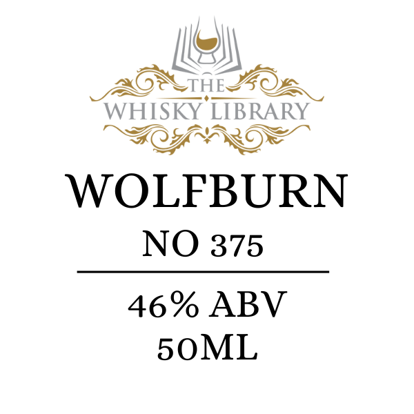 Wolfburn No 375 whisky label with branding on a white background