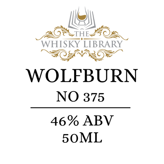 Wolfburn No 375 whisky label with branding on a white background