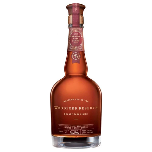Woodford Reserve Brandy Cask Finish whiskey bottle on a white background