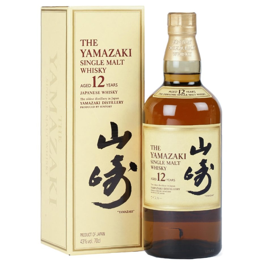 Yamazaki 12-year-old single malt whisky bottle and box on a white background